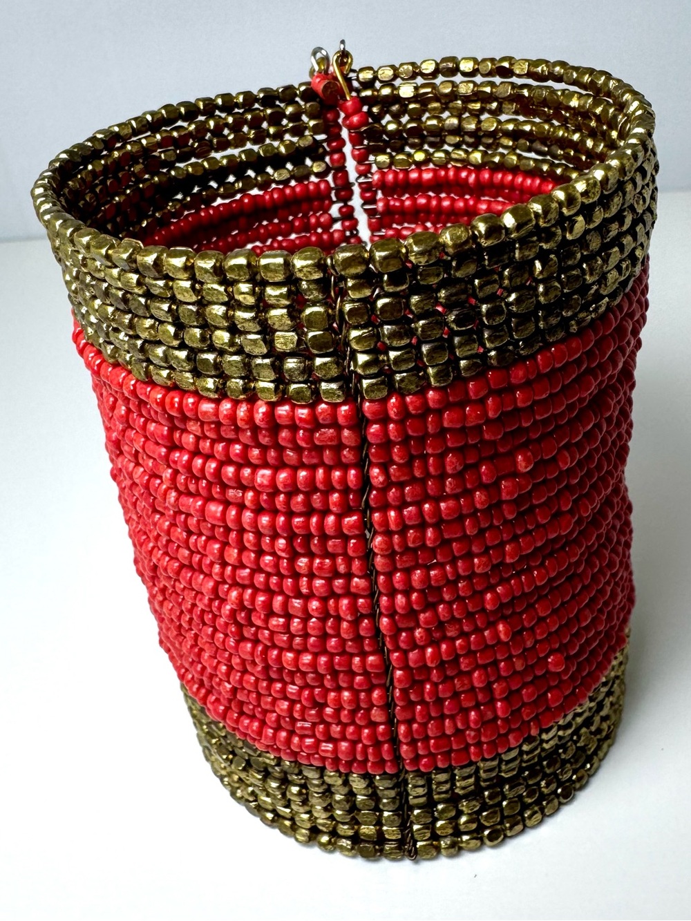 Beaded Red and Gold Cylindrical Bracelet Cuff #1741